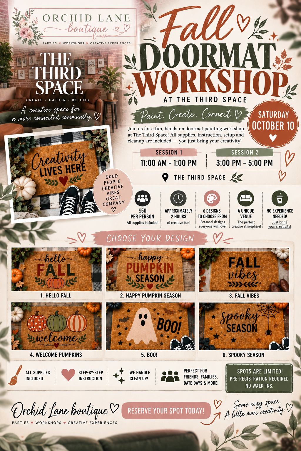Fall Doormat Workshop flyer — Saturday, October 10 at The Third Space, two sessions, $50 per person