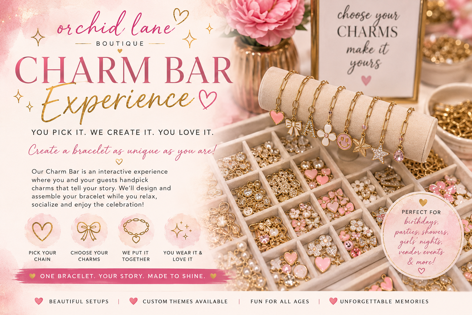 Orchid Lane Boutique charm bar experience — trays of charms and finished custom bracelets