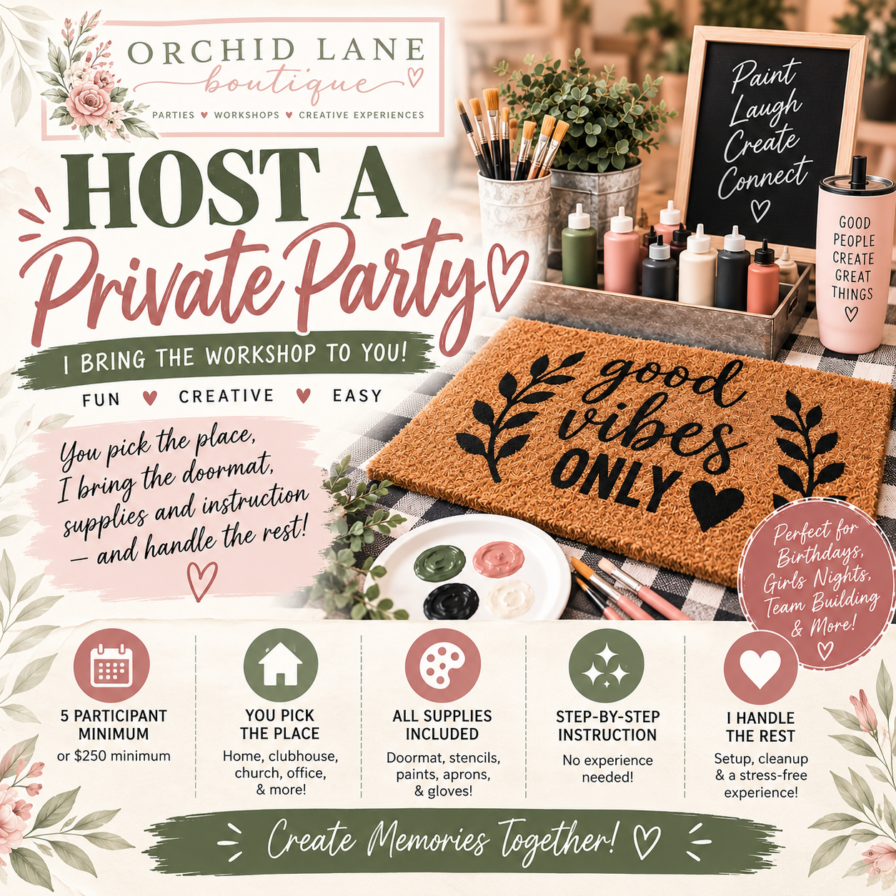 Orchid Lane Boutique private paint party flyer — host a doormat painting party, all supplies included