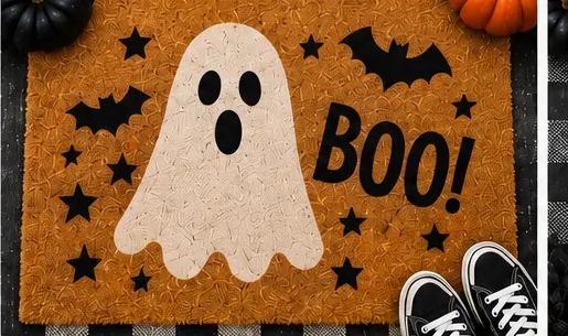 Halloween doormat design reading Boo with a ghost