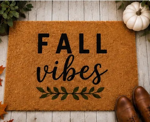 Doormat design reading Fall Vibes with autumn leaves