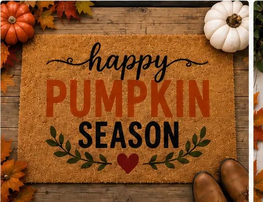 Doormat design reading Happy Pumpkin Season with pumpkins