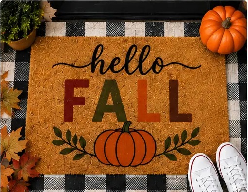 Doormat design reading Hello Fall with pumpkins and leaves