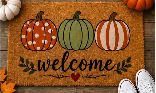 Doormat design reading Welcome with pumpkins